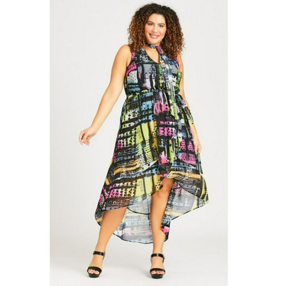 Crossover Hi Lo Sleeveless Dress Abstract Geometric Pattern Size 18 Black - Picture 3 of 6